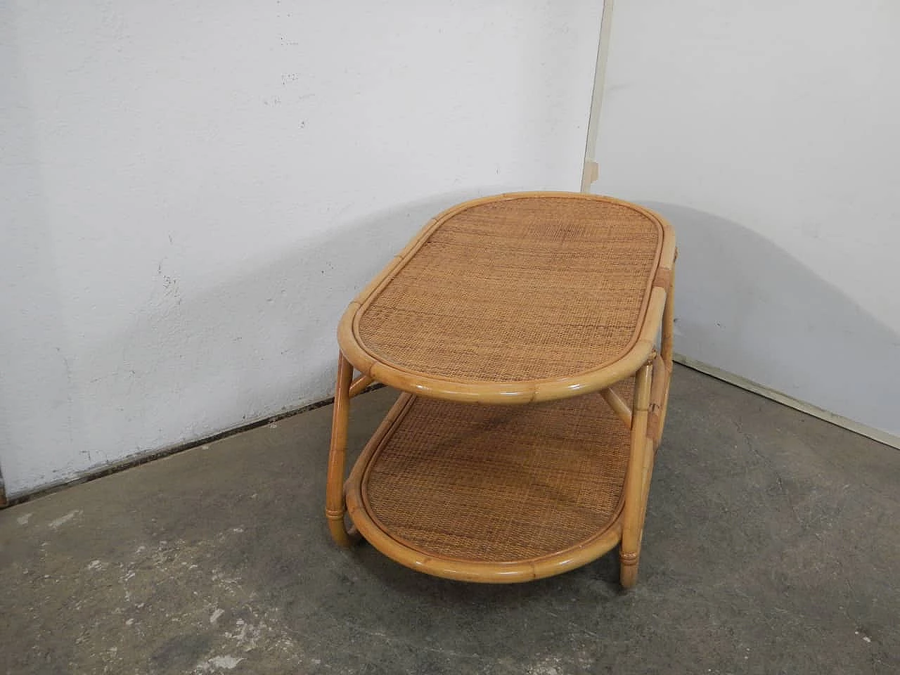 Rattan coffee table with double shelf, 1970s 2