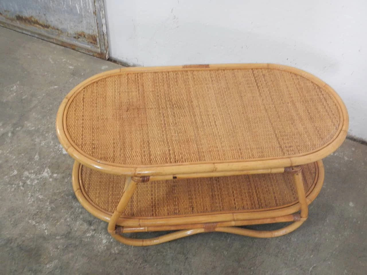Rattan coffee table with double shelf, 1970s 3