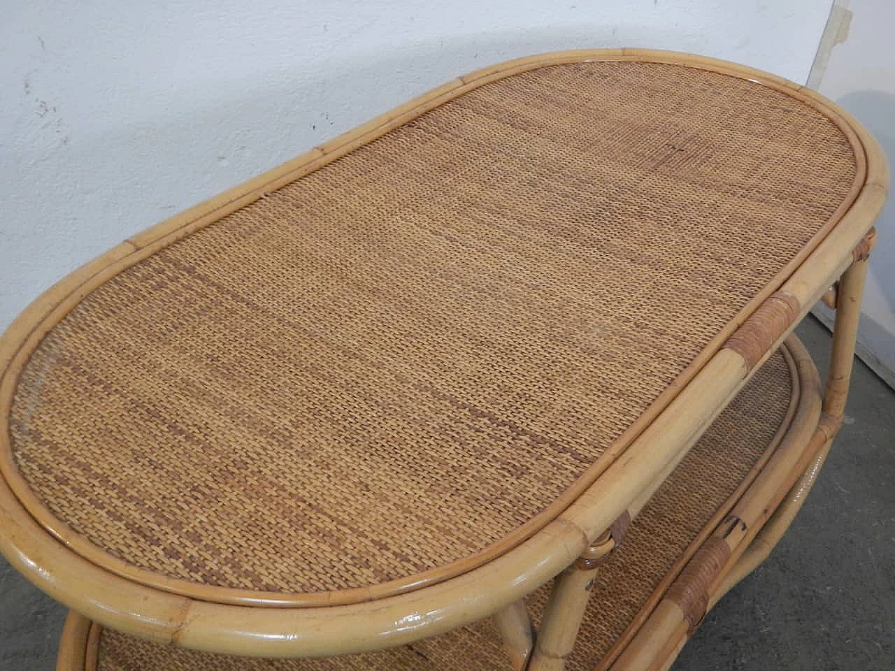 Rattan coffee table with double shelf, 1970s 5