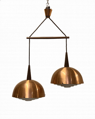 Two-light copper and wood chandelier, 1960s