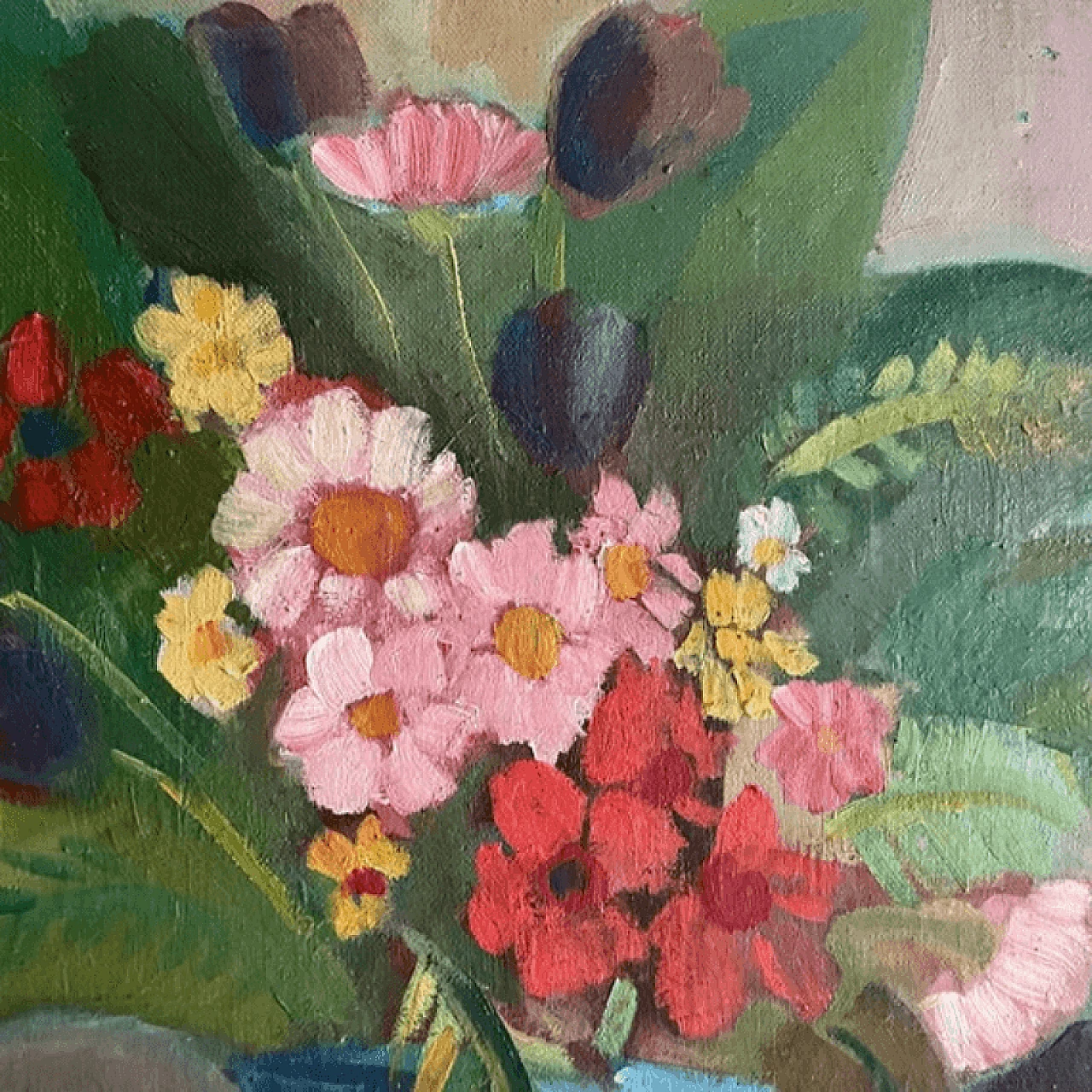 Still life with flowers and fruit, oil painting on canvas, 1950s 2