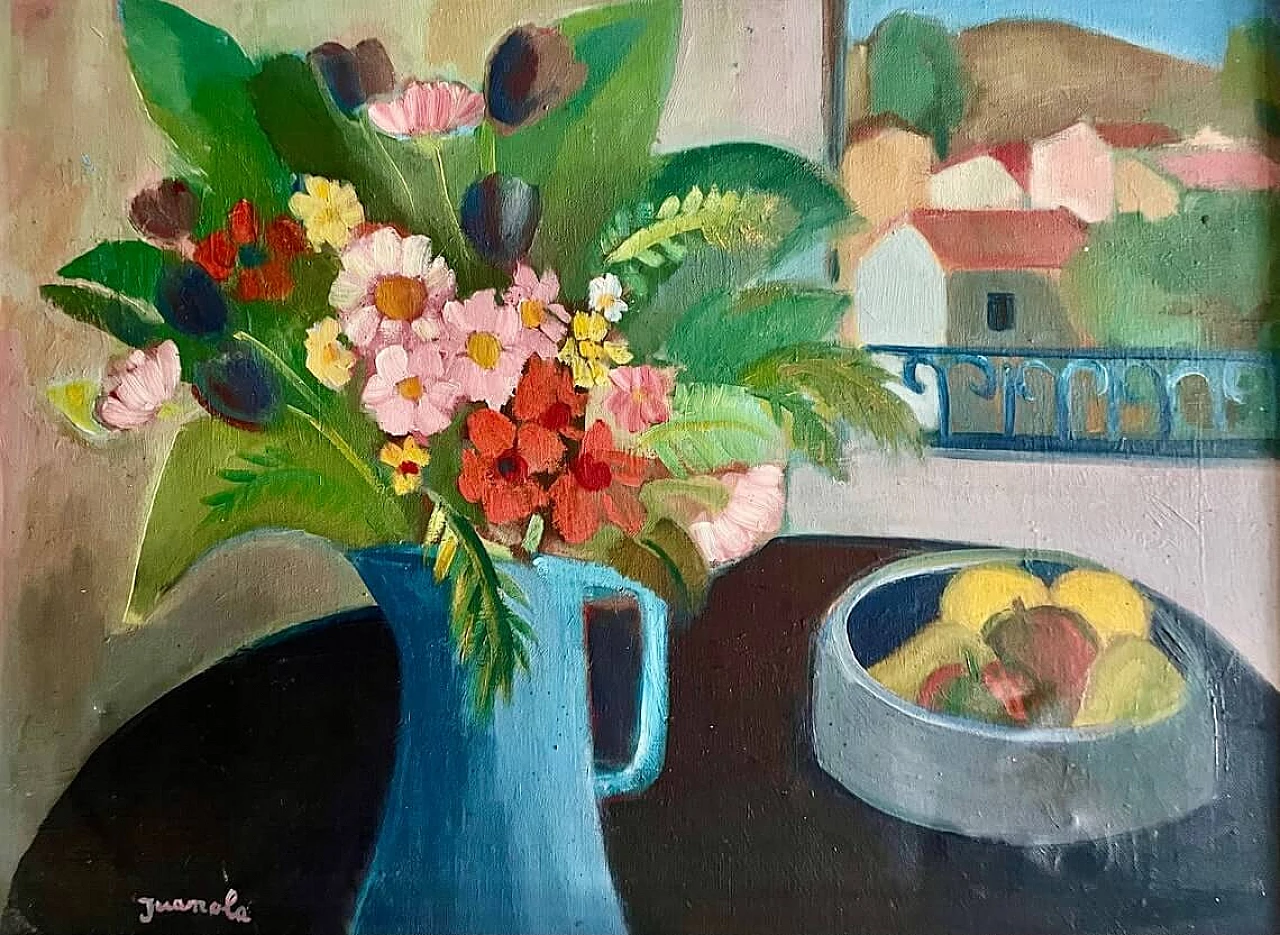 Still life with flowers and fruit, oil painting on canvas, 1950s 9
