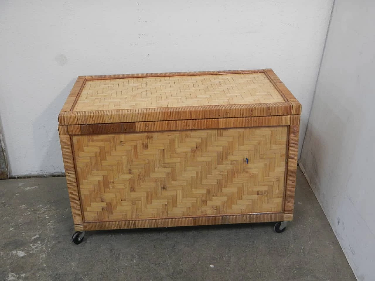 Rattan and plywood trunk with wheels, 1970s 1