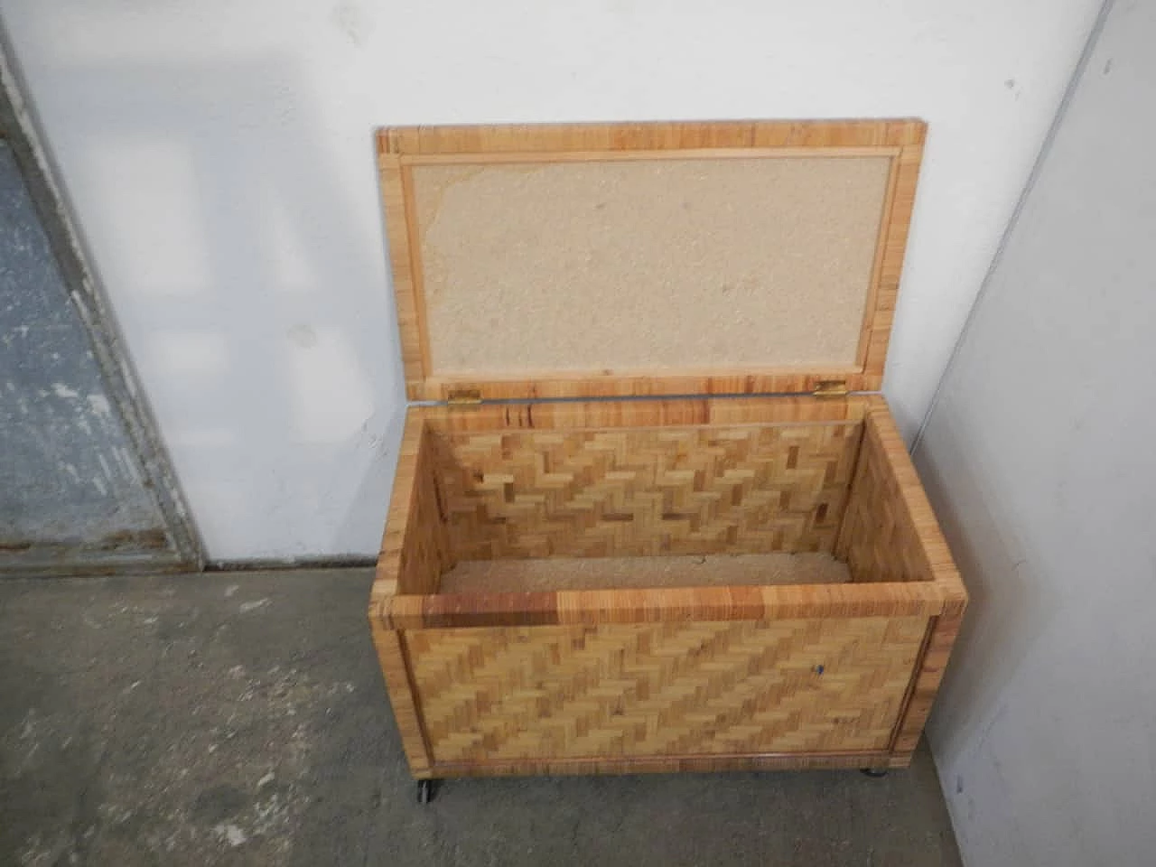 Rattan and plywood trunk with wheels, 1970s 5