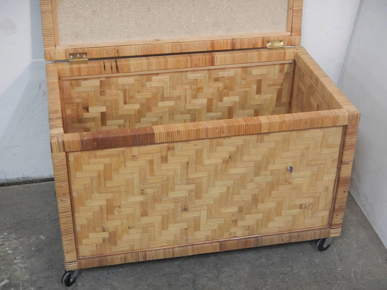 Rattan and plywood trunk with wheels, 1970s 6
