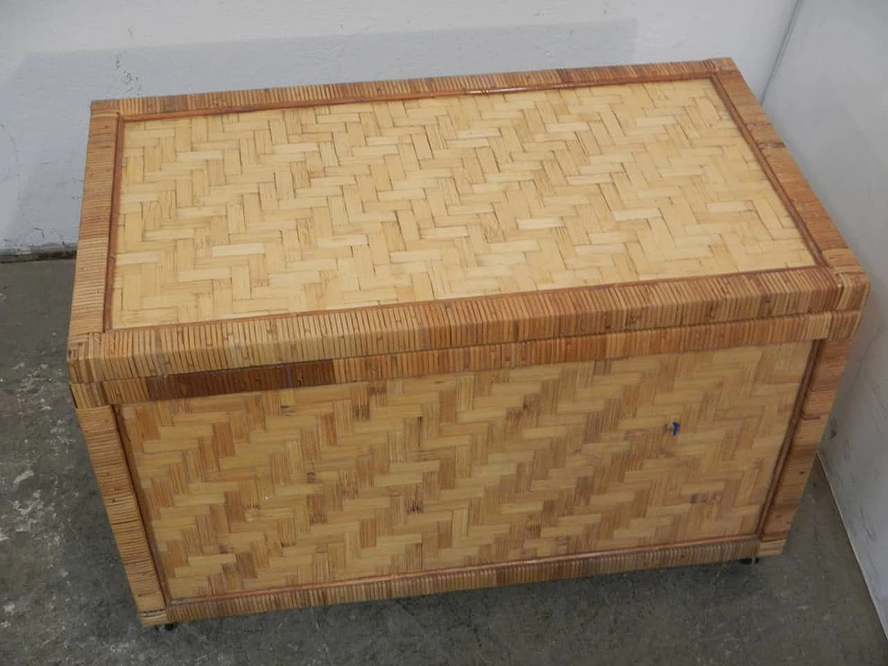Rattan and plywood trunk with wheels, 1970s 7