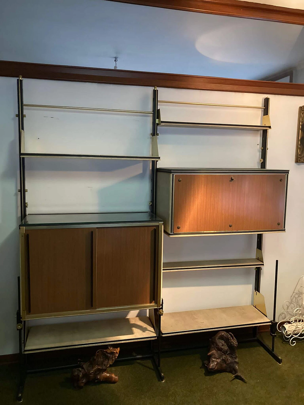 Wood, metal and vinyl modular bookcase by Umberto Mascagni, 1950s 1
