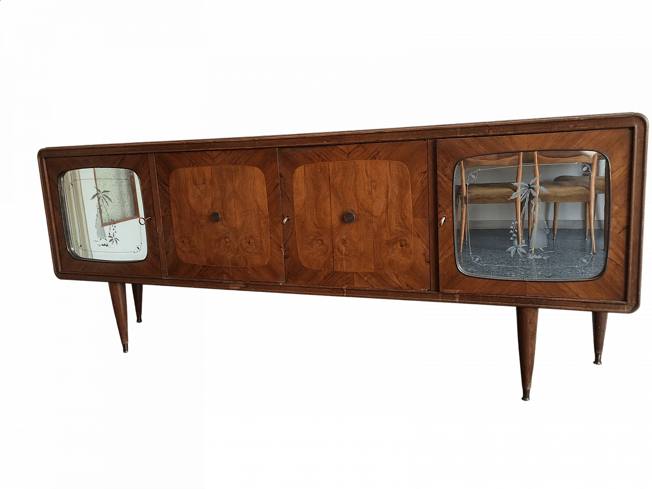 Credenza in radica con due ante specchiate, anni '40 5