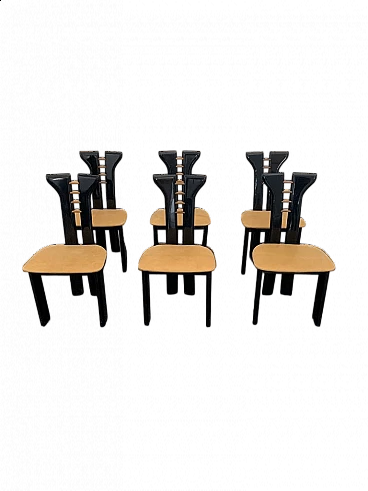 6 Chairs in wood and leather by Pierre Cardin for Roche Bobois, 1970s