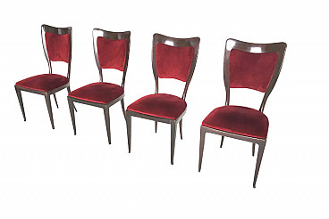 4 Vintage chairs in wood and crimson velvet by Paolo Buffa, 1950s