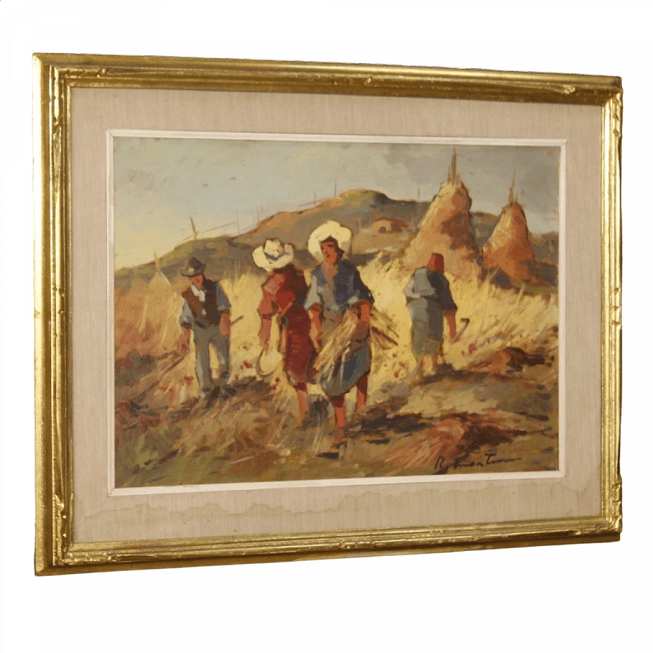 Impressionist landscape painting with workers in the fields, oil on panel, 1960s 13