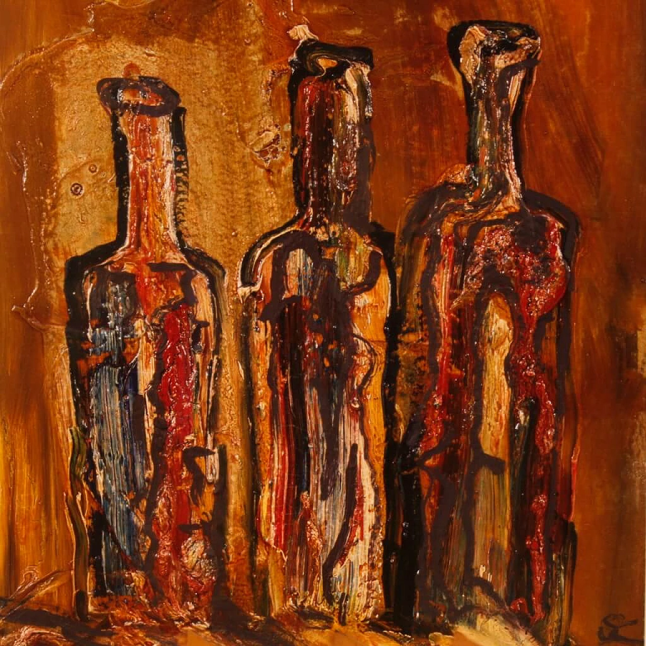 Natura morta con bottiglie, dipinto a tecnica mista su cartoncino 1