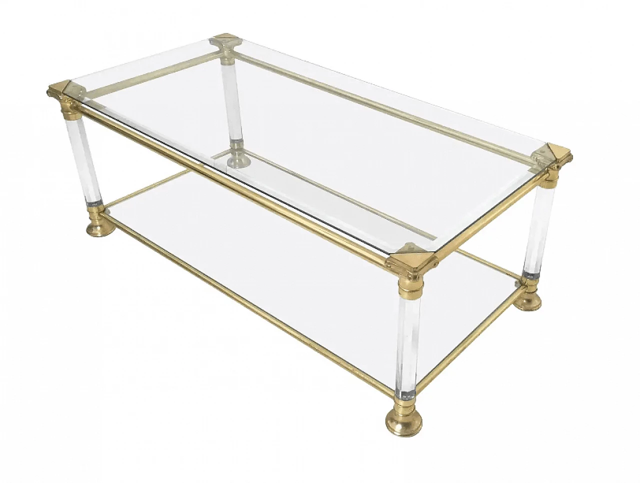 Rectangular glass coffee table with brass and plexiglass frame, 1980s 1