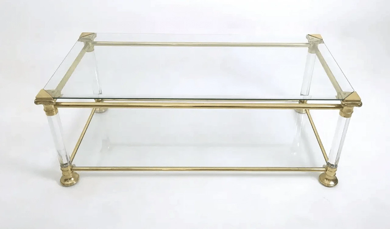 Tavolino rettangolare in vetro con struttura in ottone e plexiglass, anni '80 2