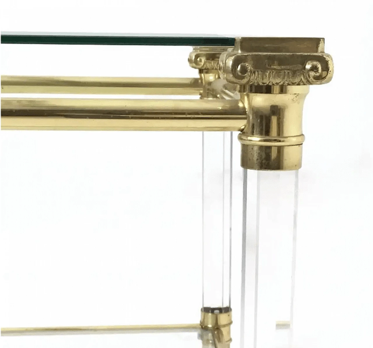Tavolino rettangolare in vetro con struttura in ottone e plexiglass, anni '80 3