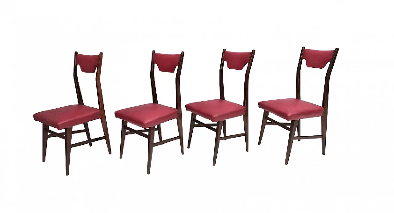 4 Dining chairs in ebonised beech and crimson Skai, 1950s 1