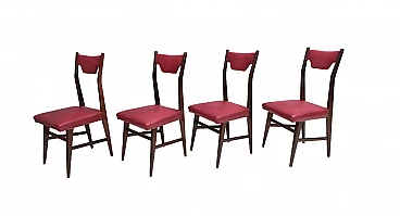 4 Dining chairs in ebonised beech and crimson Skai, 1950s