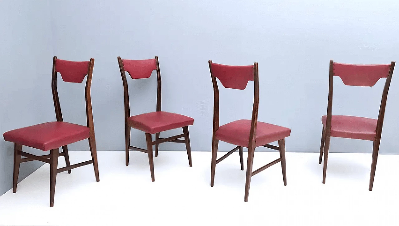 4 Dining chairs in ebonised beech and crimson Skai, 1950s 2