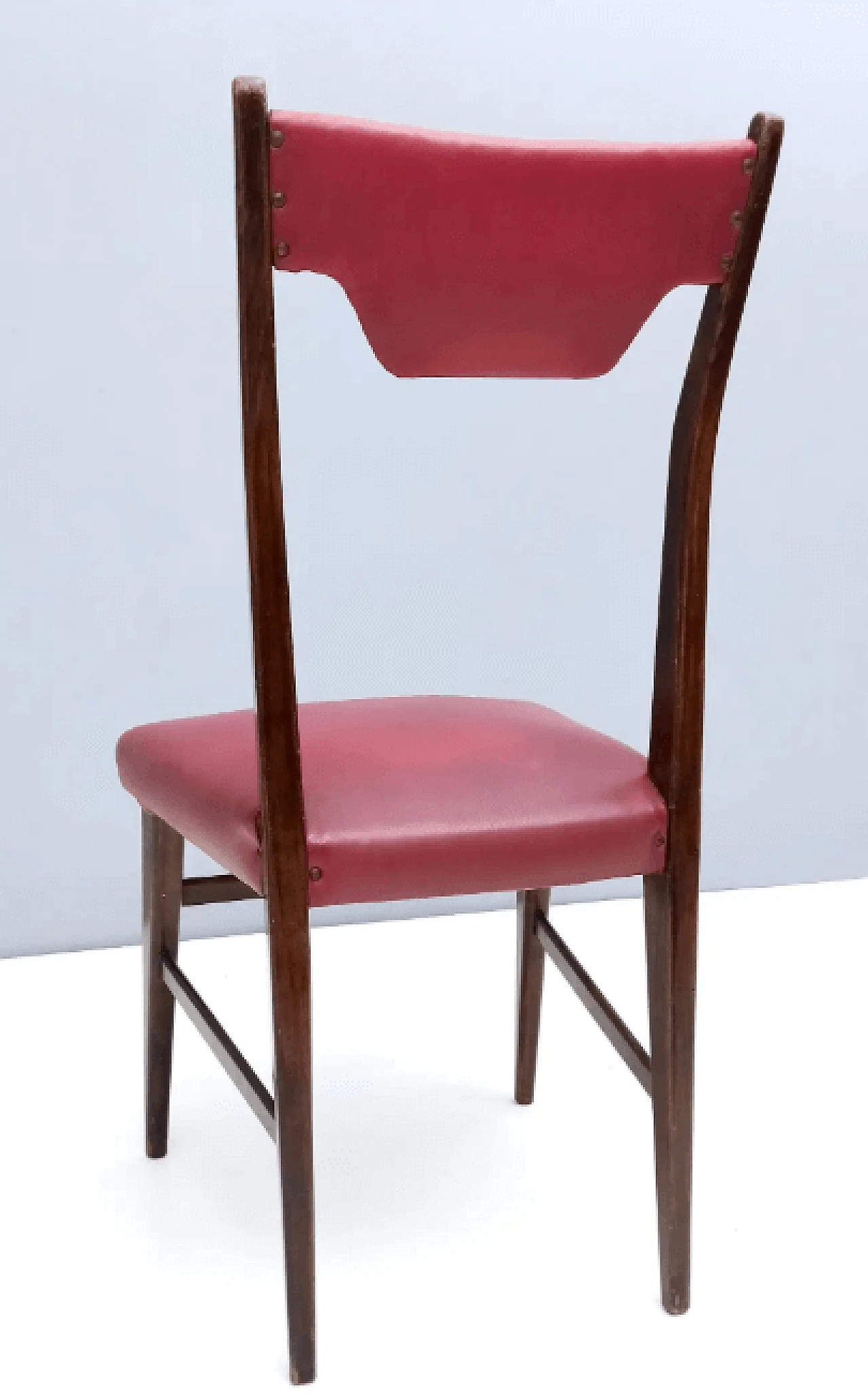 4 Dining chairs in ebonised beech and crimson Skai, 1950s 9