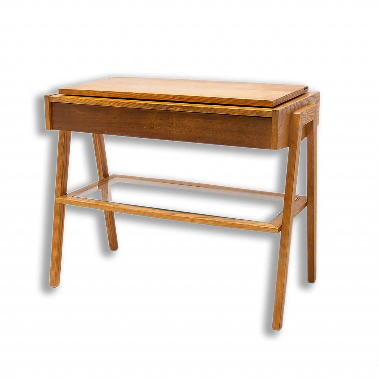 Tavolino da TV in frassino e vetro con piano girevole, anni '60 1