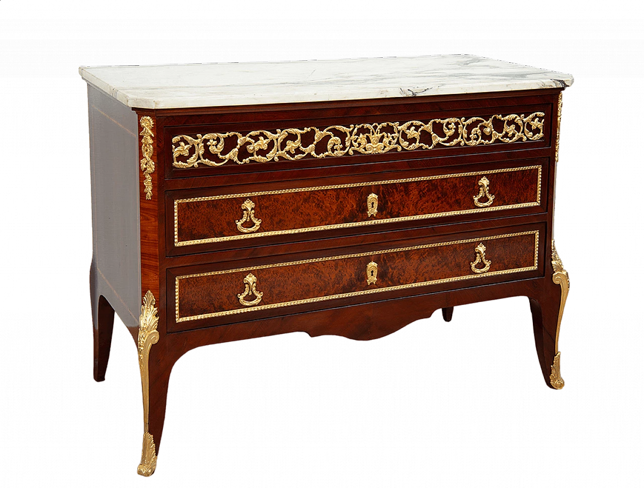 Napoleon III chest of drawers in exotic precious woods with marble top, late 19th century 6