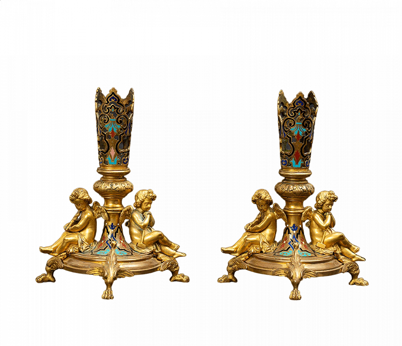 Coppia di candelieri Napoleone III in bronzo dorato e smaltato, '800 6