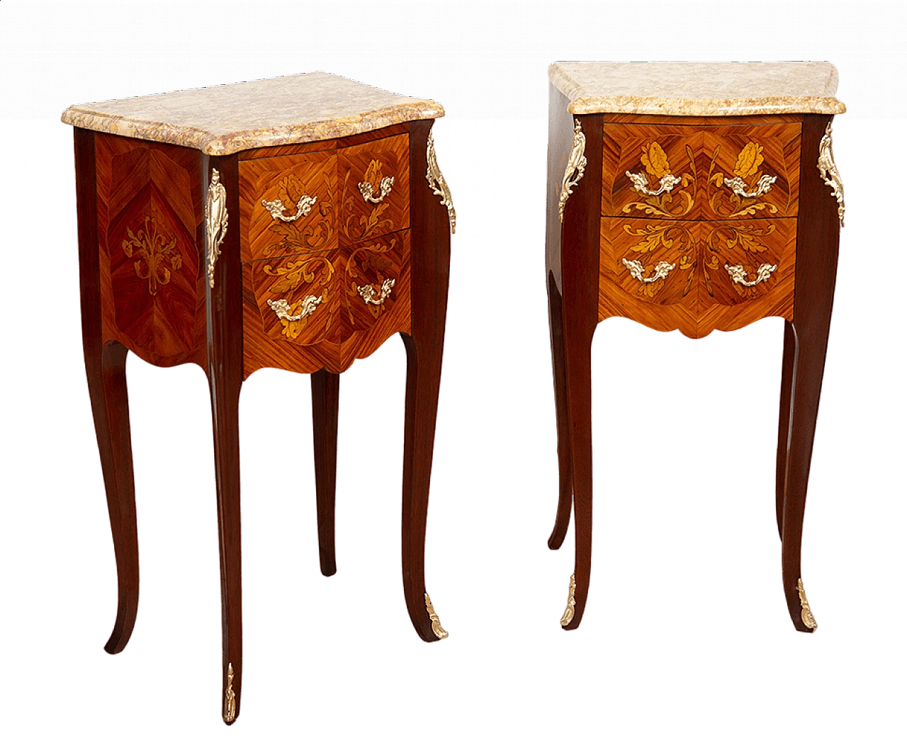 Pair of Napoleon III bedside tables in exotic woods with yellow Siena marble top, late 19th century 6