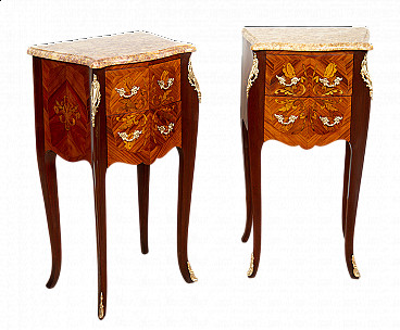 Pair of Napoleon III bedside tables in exotic woods with yellow Siena marble top, late 19th century