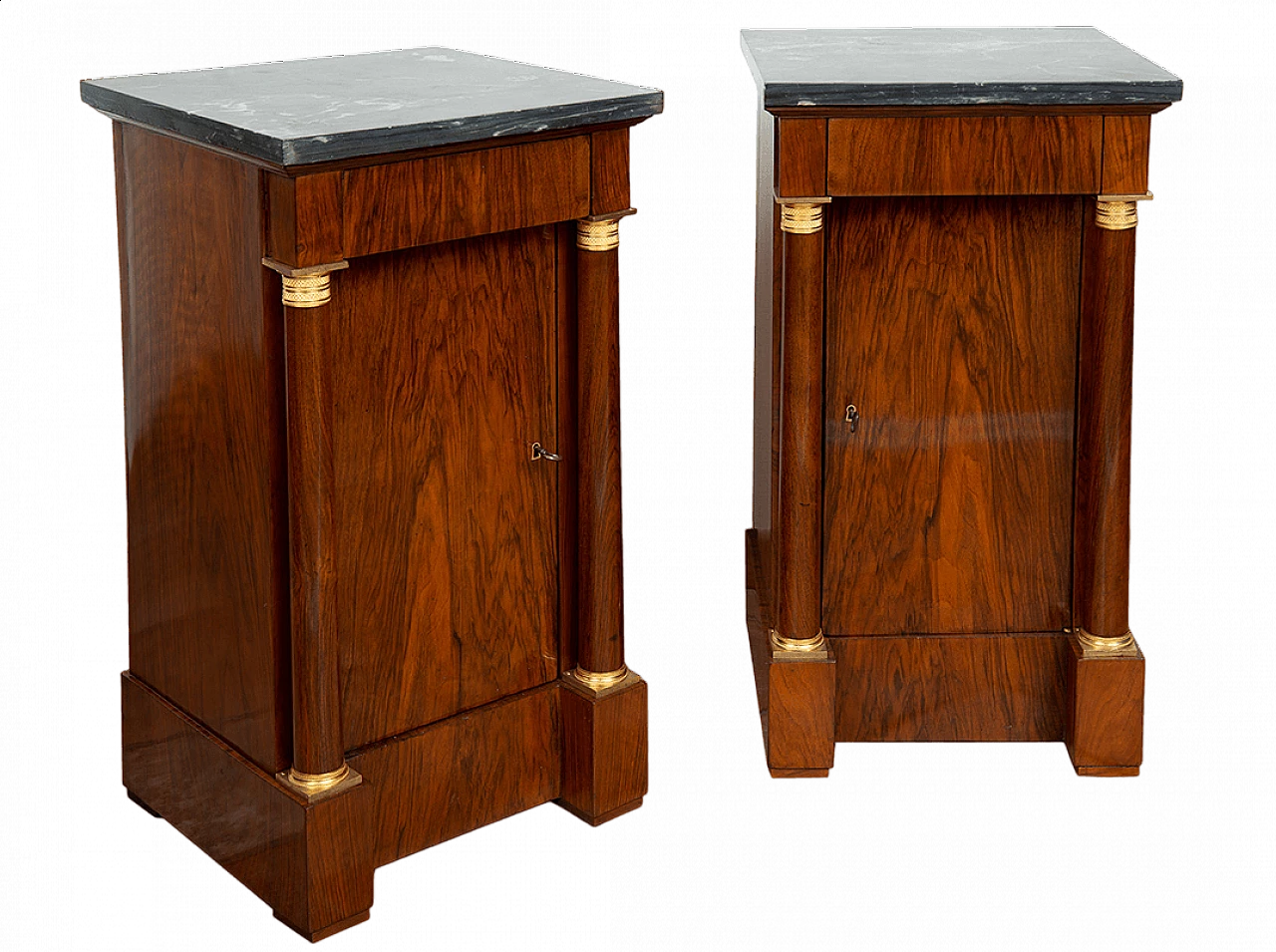 Pair of Empire bedside tables in walnut burl with bardiglio grey marble top, 19th century 6