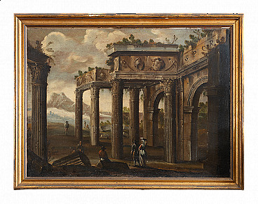 Capriccio architettonico con figure, dipinto a olio su tela, '600