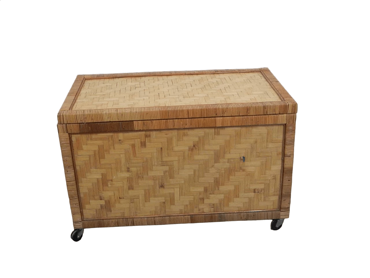Rattan and plywood trunk with wheels, 1970s 12