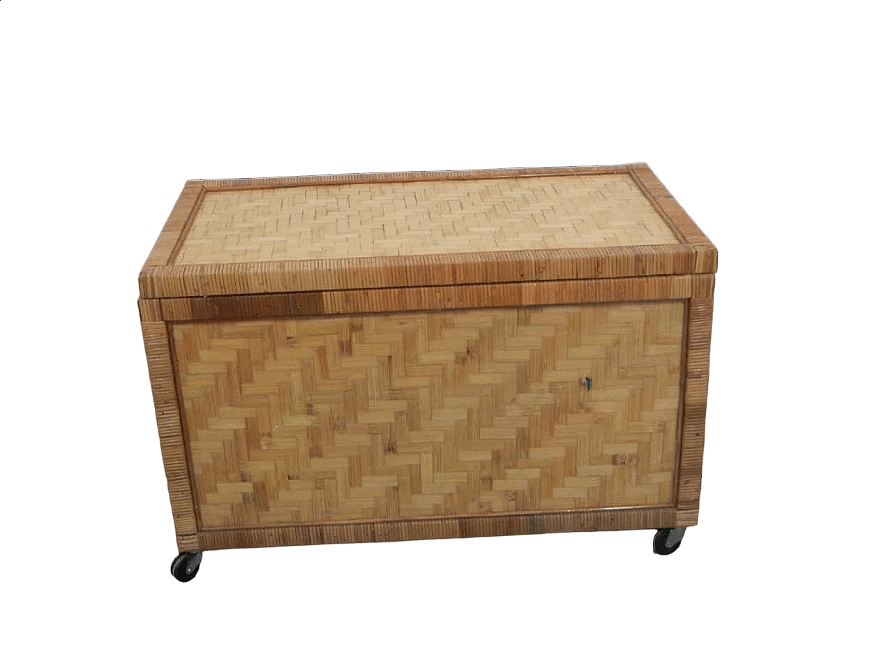 Baule in rattan e compensato con ruote, anni '70 12