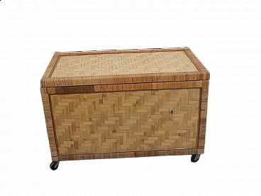 Rattan and plywood trunk with wheels, 1970s