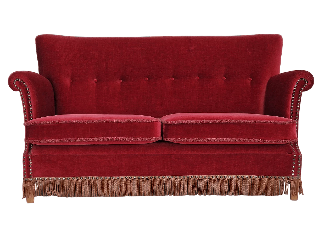 Cherry red velvet two-seater sofa, 1950s 16