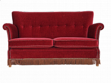 Cherry red velvet two-seater sofa, 1950s