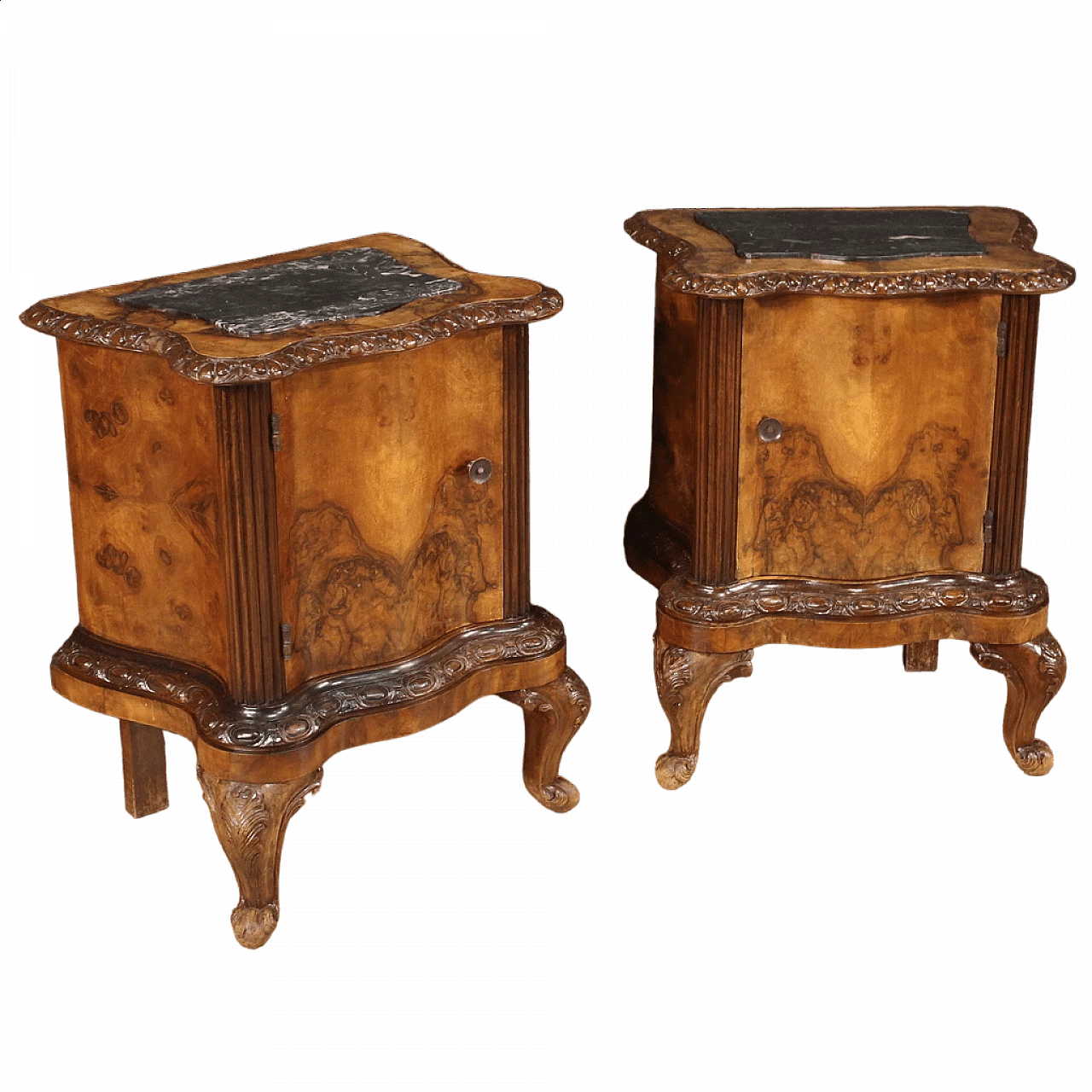 Pair of bedside tables in moulded and curved wood with marble top, 1950s 13