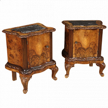 Pair of bedside tables in moulded and curved wood with marble top, 1950s