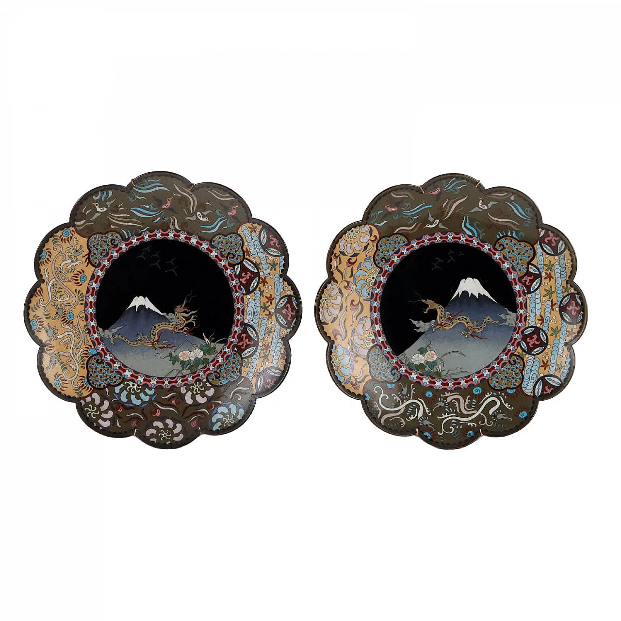 Coppia di piatti giapponesi in rame cloisonné, fine '800 1