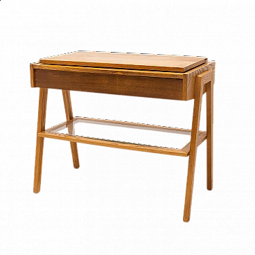 Tavolino da TV in frassino e vetro con piano girevole, anni '60