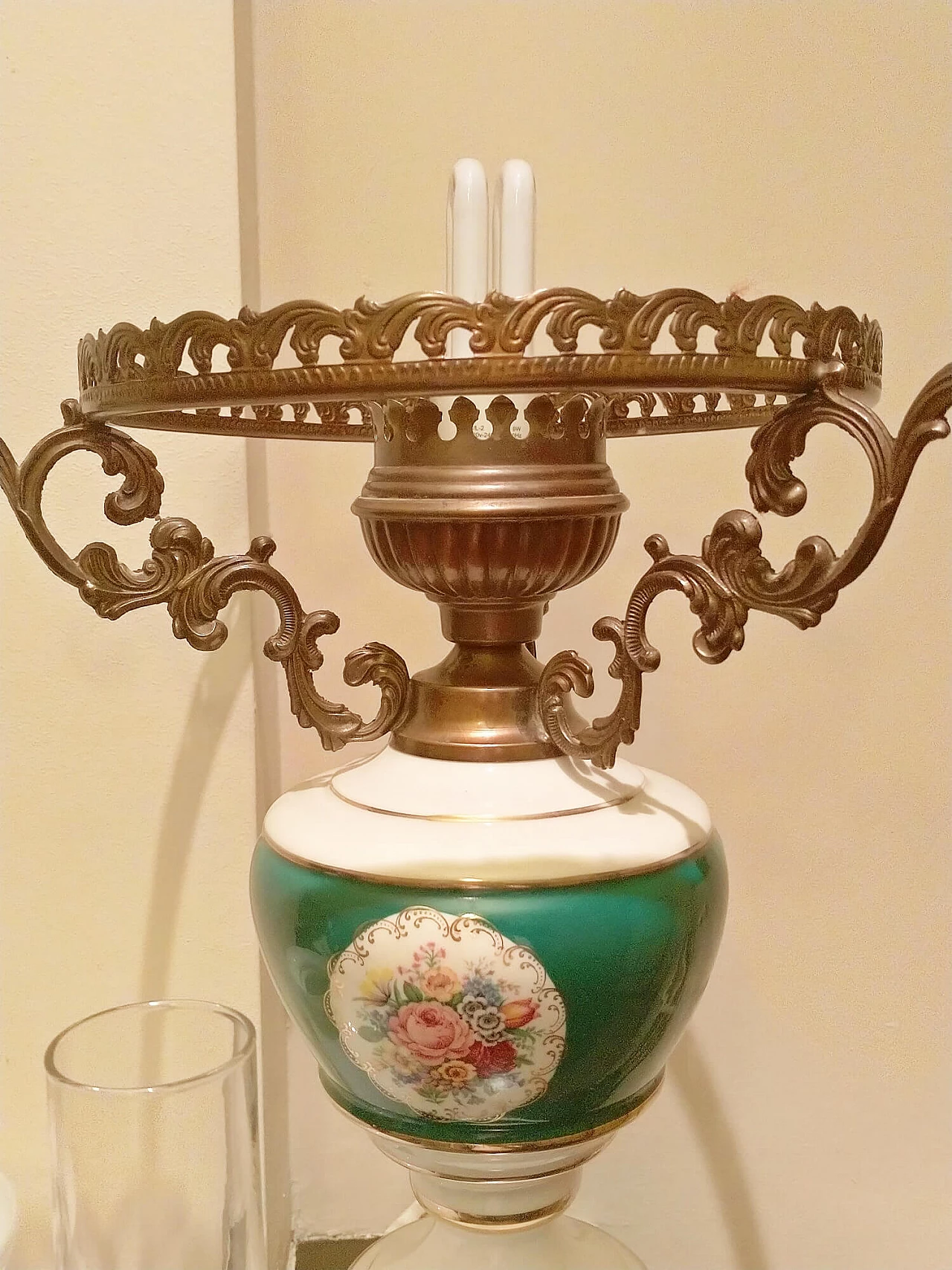 Brass, glass and porcelain table lamp, 1950s 10