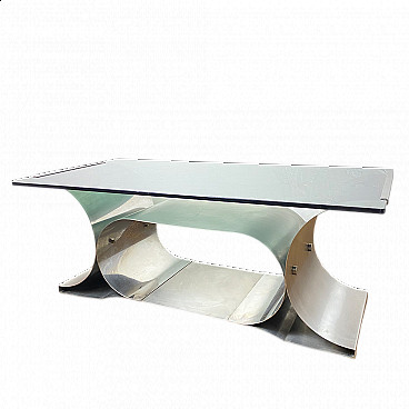 Tavolino in metallo curvato e cristallo attribuito a François Monnet per Kappa, anni '70