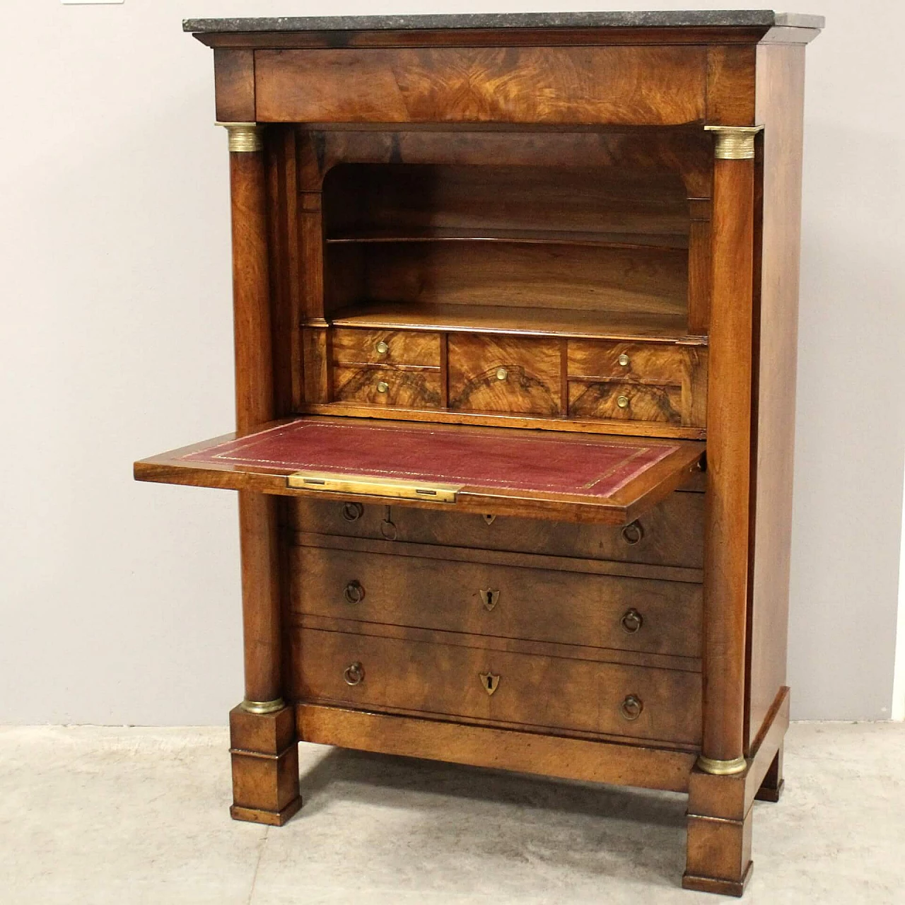 Secretaire Impero in noce con piano in marmo nero del Belgio, '800 1