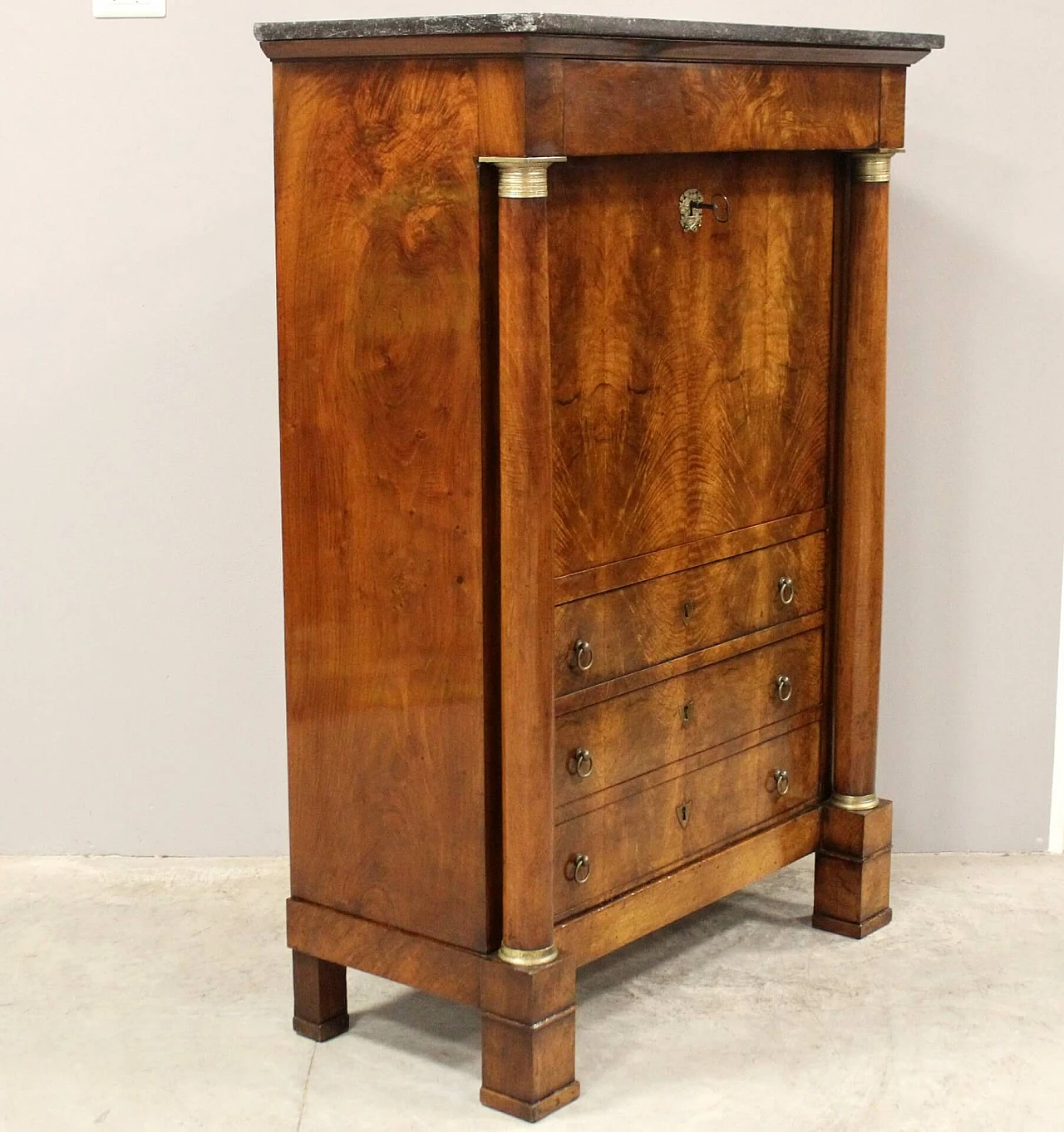 Empire walnut secretaire with black Belgian marble top, 19th century 4