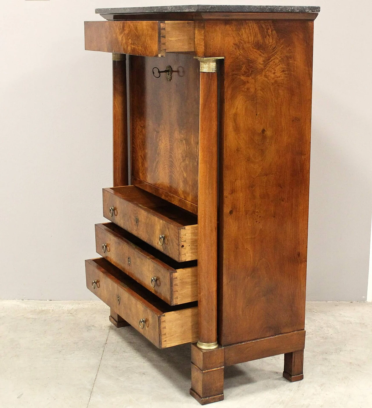 Empire walnut secretaire with black Belgian marble top, 19th century 8