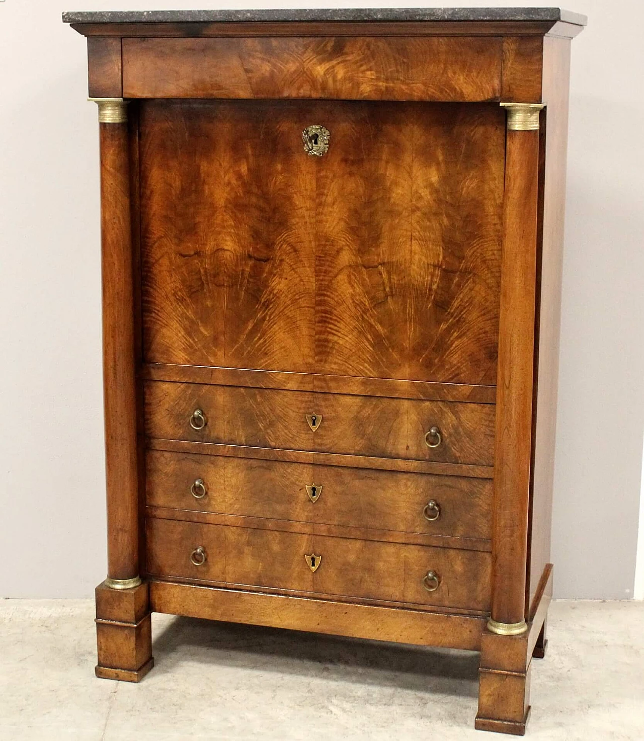 Empire walnut secretaire with black Belgian marble top, 19th century 9