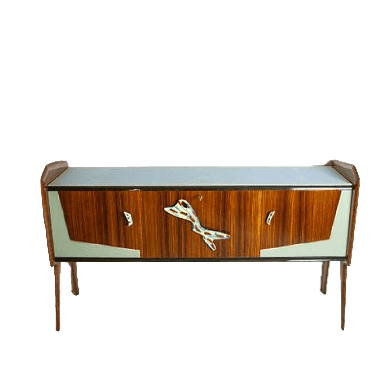 Walnut sideboard with enamelled metal handles and coloured glass shelf, 1950s 19