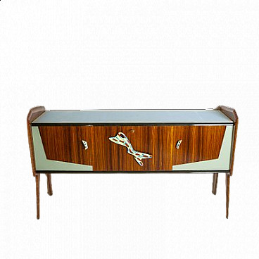 Walnut sideboard with enamelled metal handles and coloured glass shelf, 1950s