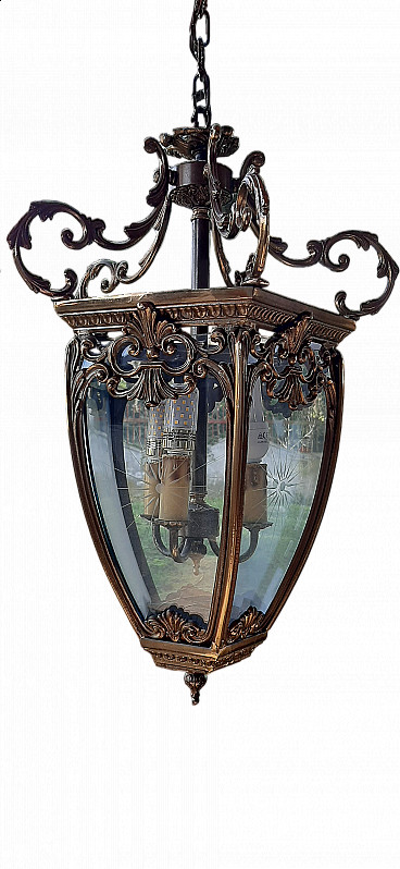 Pair of bronze and silkscreened glass lanterns, early 20th century