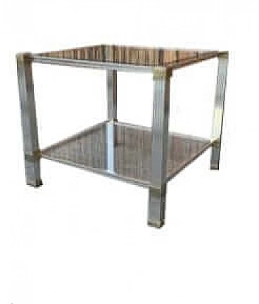 Tavolino in ottone, metallo cromato e vetro di Pierre Vandel, anni '70