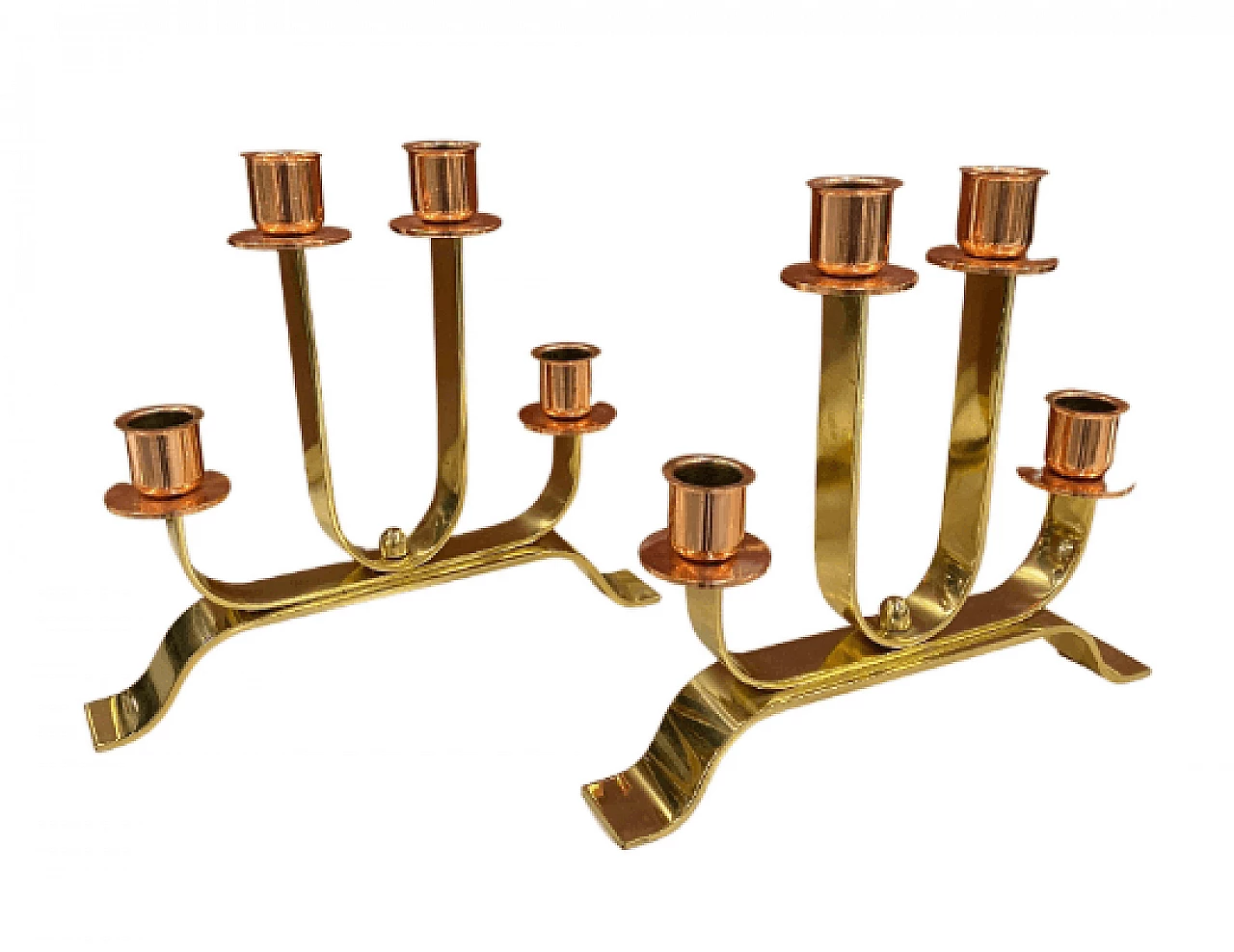 Coppia di candelabri Art Déco in ottone e rame, anni '30 1